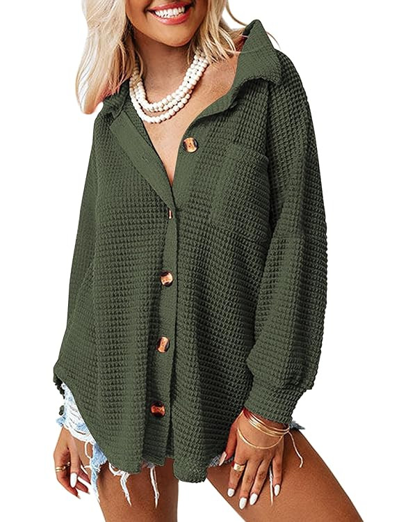 AUTOMET Womens Shackets Waffle Knit Casual Jackets Button Down Flannel Shirts Trendy Tops Fall Cl... | Amazon (US)