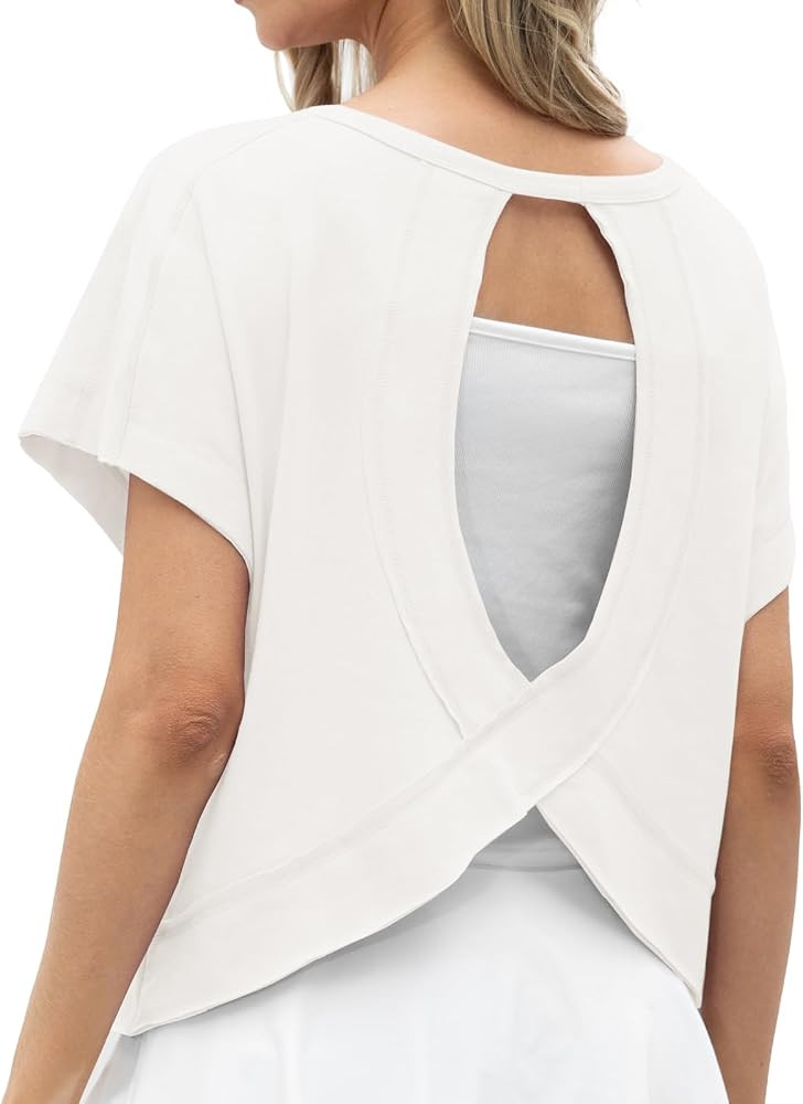 GRECERELLE Women's Open Back Workout Tops Backless Athletic Shirts Casual Crop Running Tee Y2k Yo... | Amazon (US)