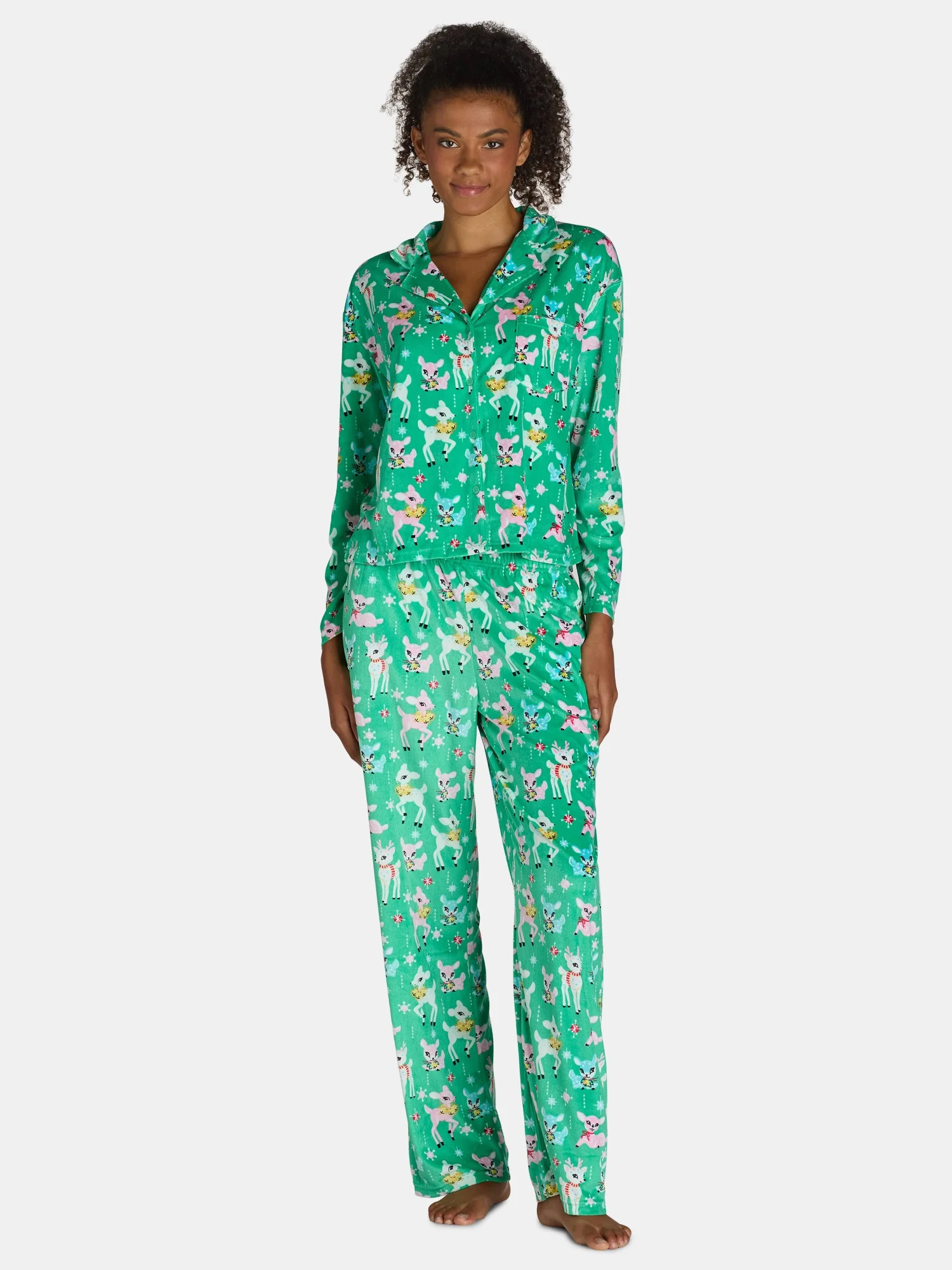 Holiday Time Women’s and Women’s Plus Velour Notch Collar Pajama Top and Pants Set, 2-Piece, ... | Walmart (US)