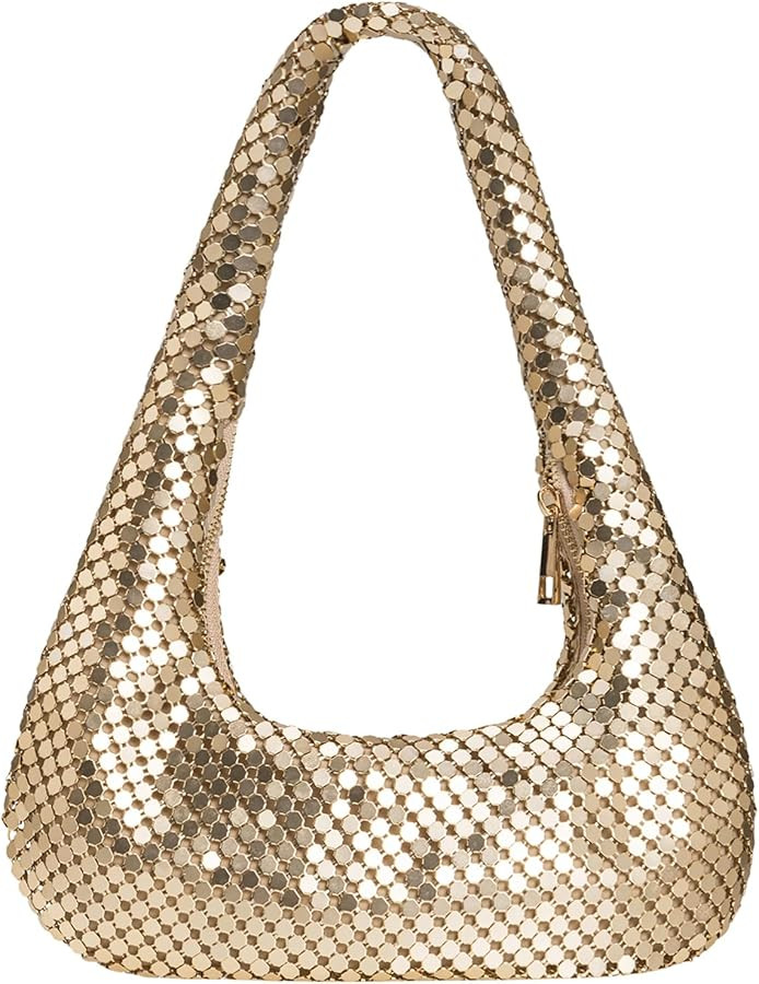 Afashor Womens Metallic Evening Bag Cute Hobo Handbag Fashion Shiny Moon-shaped Shoulder Purse | Amazon (US)