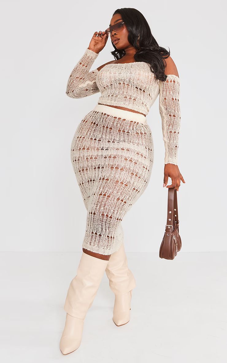 Plus Cream Distress Knitted Midi Skirt | PrettyLittleThing UK