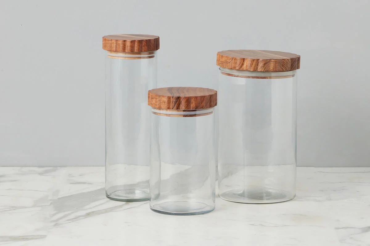 Glass Canister, Scalloped Wood Top, Set of 3 | etúHOME