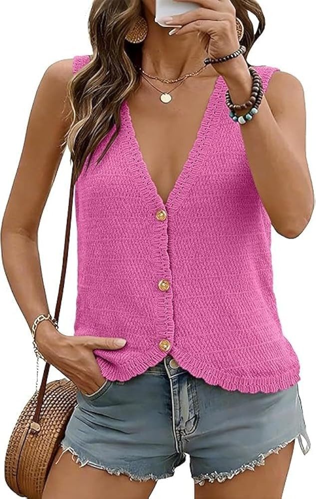 Crochet Vest Tops for Women Sleeveless V Neck Sweater Vest Knit Button Down Tank Top Summer Beach... | Amazon (US)
