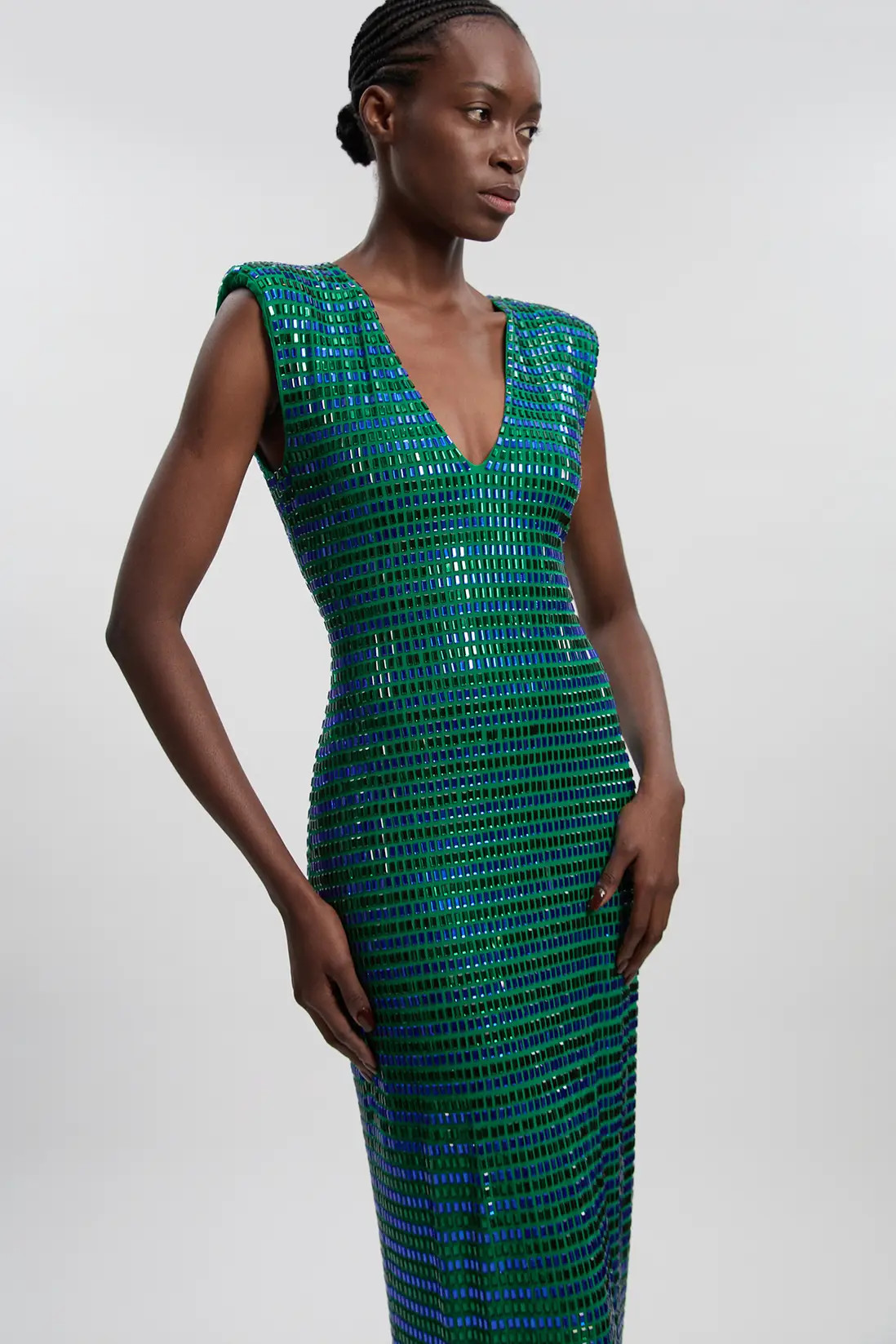 Premium Crystal Embellished Jersey Sleeveless Plunge Neck Midi Dress | Karen Millen