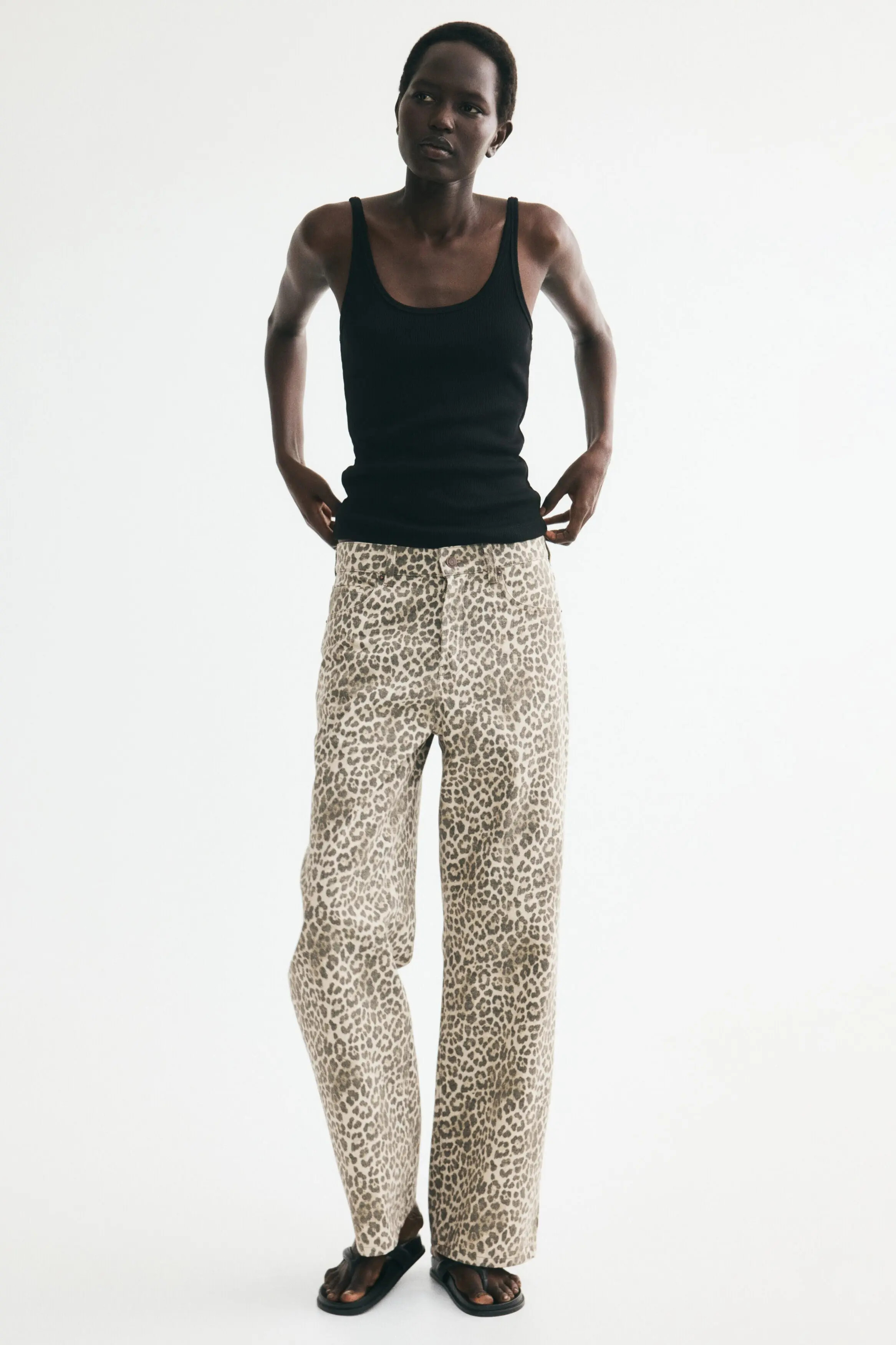 H&M Wide-leg Regular Waist Jeans in Light Beige/leopard Print at Nordstrom, Size 12 | Nordstrom