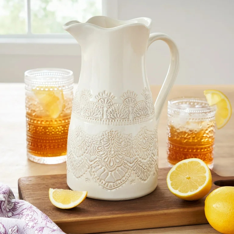 The Pioneer Woman Vintage Lace Linen 9-inch Ceramic Pitcher | Walmart (US)
