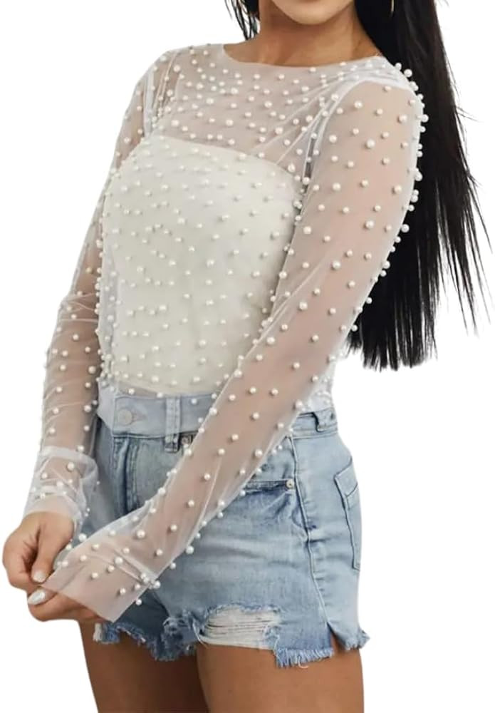 Naileksi Women Pearl Rhinestone Sheer Mesh Crop Top Sexy See Through Long Sleeve Slim Fit Cropped... | Amazon (US)