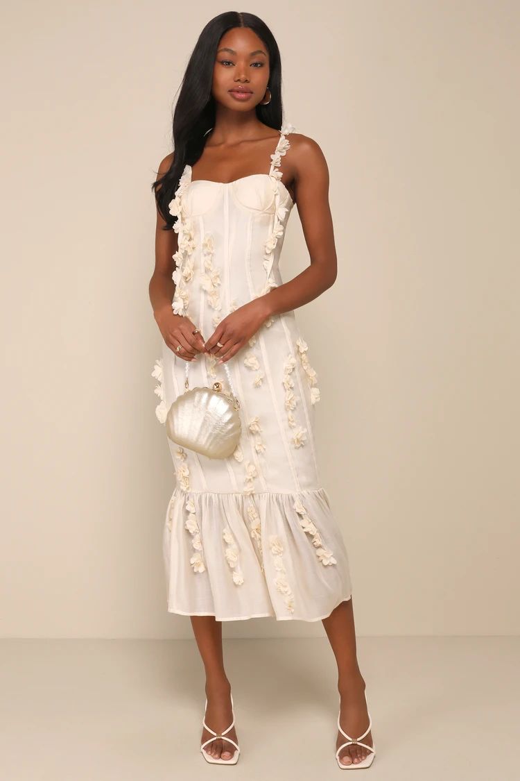 Sensational Adoration Cream 3D Floral Applique Midi Dress | Lulus