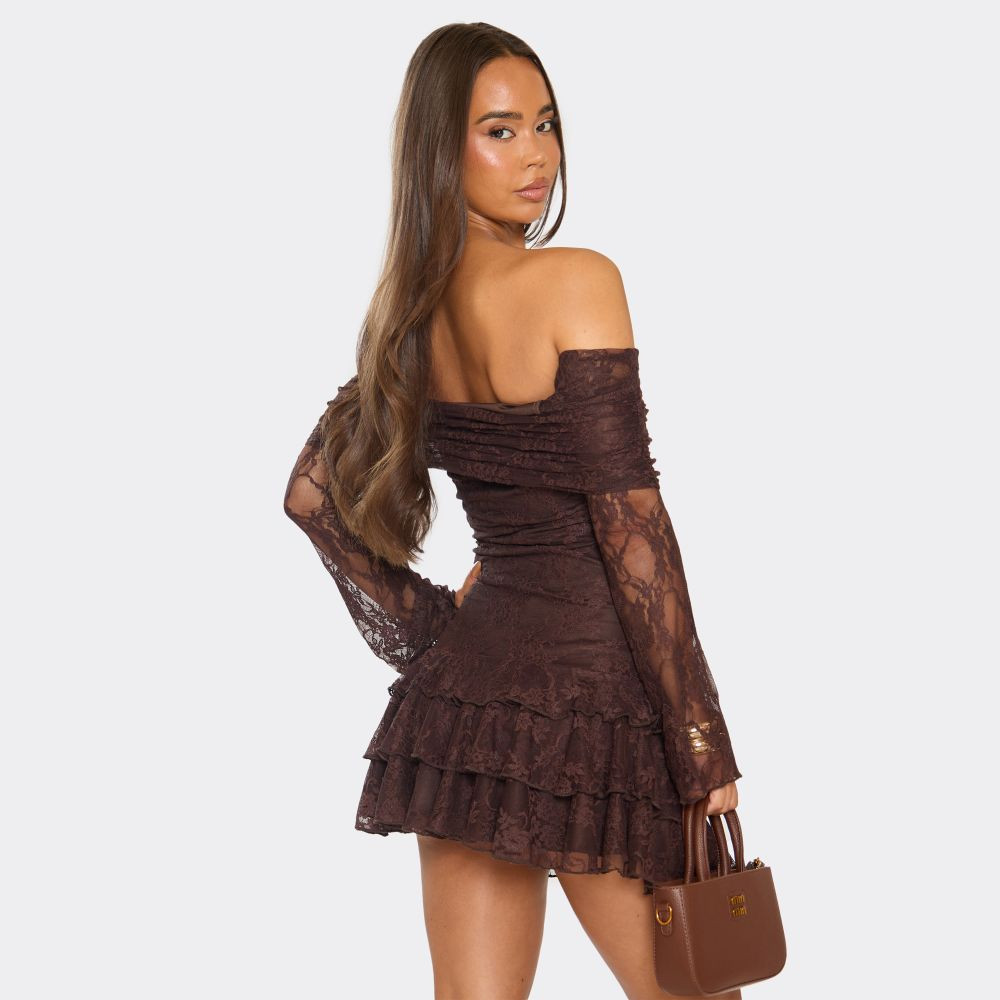 Long Sleeve Bardot Fold Over Ruffle Mini Dress In Chocolate Brown Lace | EGO (UK)