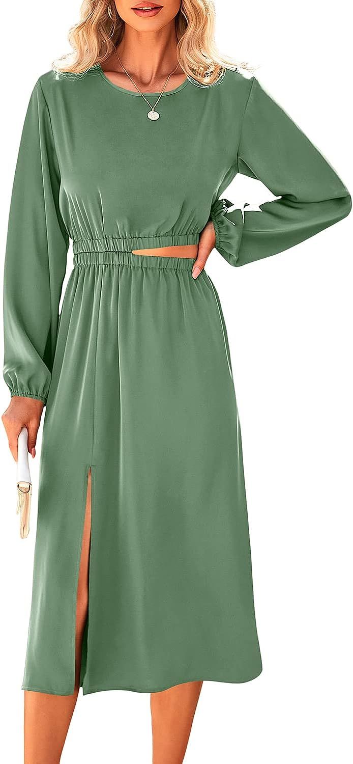 PRETTYGARDEN Women's Spring Midi Satin Dress Casual Crewneck Long Lantern Sleeve Cut Out Flowy A-... | Amazon (US)