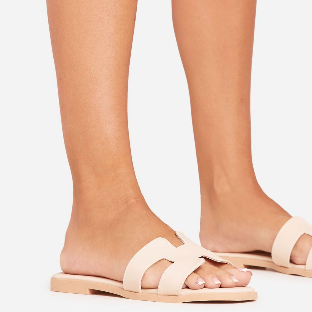 Addison Caged Flat Slider Sandal In Nude Faux Leather | EGO (UK)