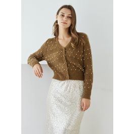 Diamond Texture Pearl Decor Knit Cardigan in Brown | Chicwish