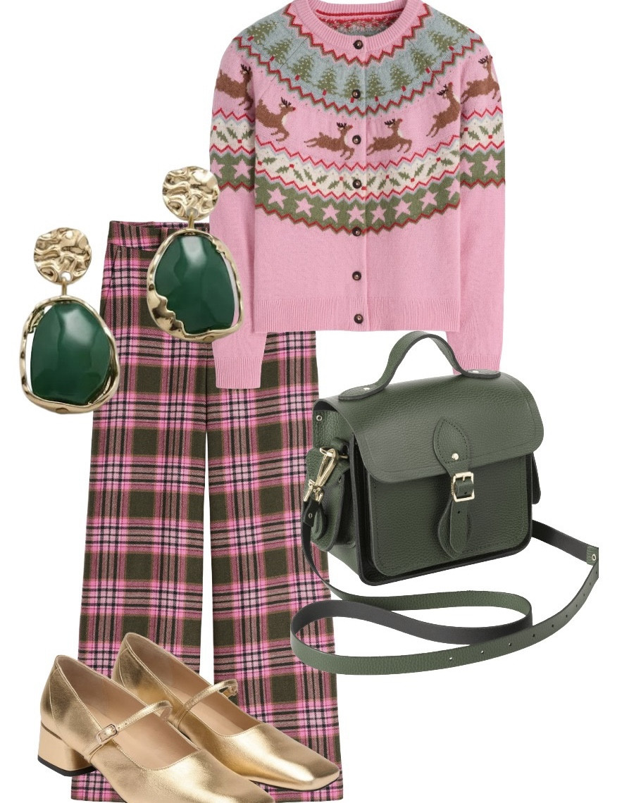 Happy Pink Wednesday! Catch these adorable pink and green pieces while you can - the Edie Pink Fair Isle Reindeer Cardigan (comes in kid’s version too!) and the new in Belgravia Trousers in Pink and Olive Check - this check also comes in a cute above knee length skirt and a coordinating jacket which would go with skirt or trousers. Boden have also just launched a fab pink cashmere cardigan and t shirt (see product list) which would be perfect!

Partner with the Cambridge Satchel Company leather ‘Traveller’ bag in Racing Green (love the Bowling Bag in the same colour too), Russell and Bromley’s stunning Low Heel Square Toe Mary Janes in Gold Leather and cute statement Green Resin & Gold Colour Drop Earrings by John Lewis. 

#pinkwednesday #cosyseason #pinkoutfit #maryjanes 

#LTKuk #LTKautumn #LTKwinter