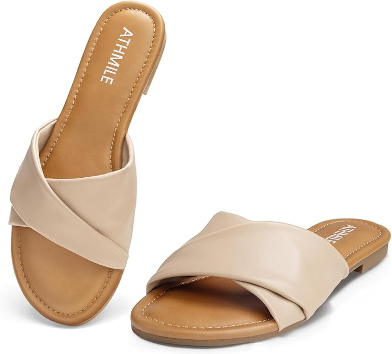 ATHMILE Sandals for Women 2026 Dressy Summer Flat Comfortable Fashion Beach Cute Ladies Slides Le... | Amazon (US)