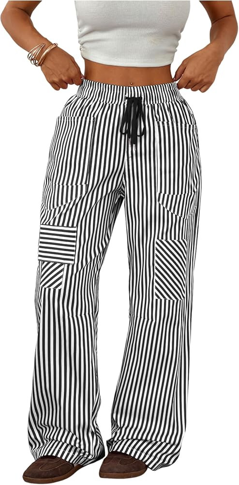 ZAFUL Womens Striped Pants Drawstring Patchwork Wide Leg Pants | Amazon (US)