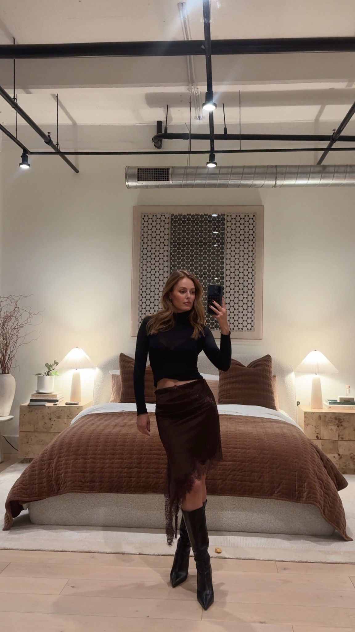 This turtleneck is the perfect semi sheer top, i add a bralette under it which makes it a perfect winter going out top. 

Also, this skirt is a dress, i just tucked down the top of it. I’m wearing a small but if you’re bigger busted I’d suggest sizing up  