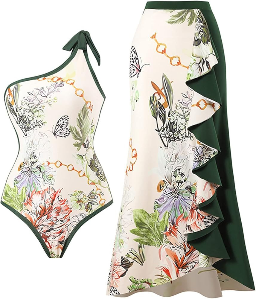 Womens Swimsuit Women 1 Piece Swimwear+1 Piece Cover UP Two Piece Vintage Print Swimsuit Monokini... | Amazon (US)