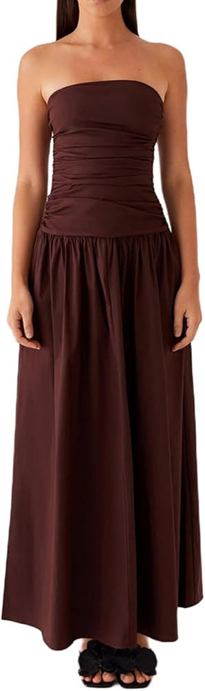Women's Strapless Tube Long Dress Y2K Sleeveless Off Shoulder Ruched Backless Flowy Bodycon A Lin... | Amazon (US)