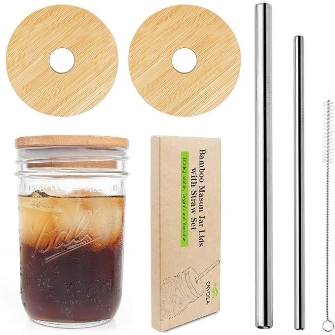 Mason Jar Lids with Straw, ECO Reusable Bamboo Lids, Wide Mouth Mason Jar Tumbler Lids, Mason Jar... | Amazon (US)