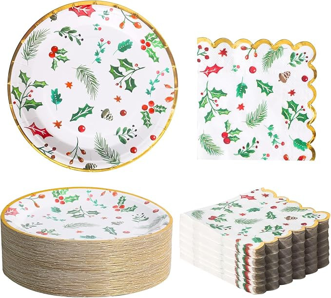 100PCS Bulk Christmas Plates and Napkins Party Supplies - Serves 50 PK - Xmas Seasonal Holly Pape... | Amazon (US)