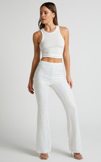 Deliza Pants - Mid Waisted Sequin Flare Pants in Iridescent White | Showpo (US, UK & Europe)