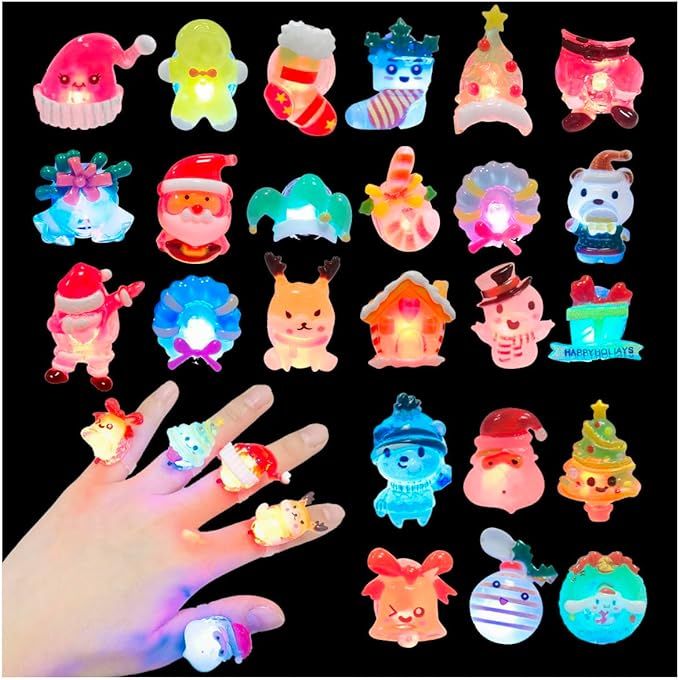 24 Pack Christmas 3D Finger Lights Up Rings Toys Grow in the Dark for Kids Girls Christmas Party ... | Amazon (US)