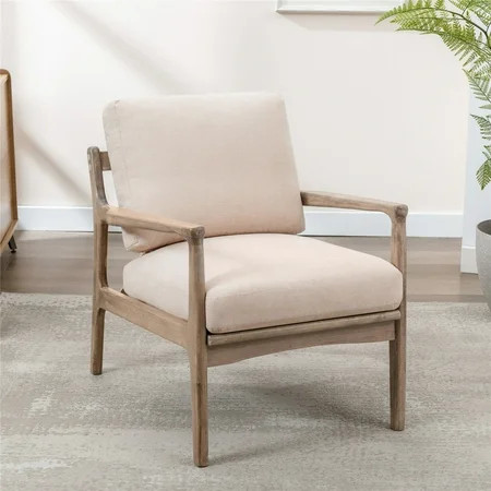 Mid Century Modern Accent Chair with Removable Cushion Upholstered Linen Armchair with Rubber Wood L | Walmart (US)