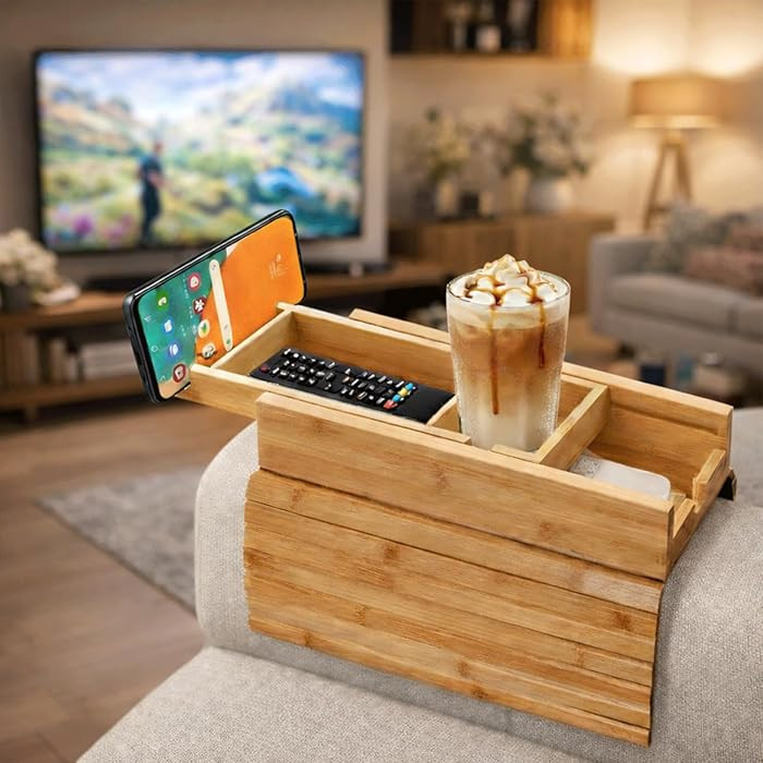 Bamboo Couch Armrest Table, 2-in-1 Foldable, Anti-Slip Sofa Arm Tray Includes a Detachable Cup Ho... | Amazon (US)