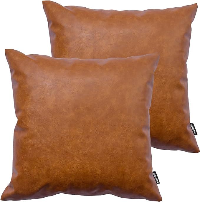 Faux Leather Throw Pillow Covers, 18 x 18 inch Set of 2 Thick Cognac Brown Modern Solid Decorativ... | Amazon (US)