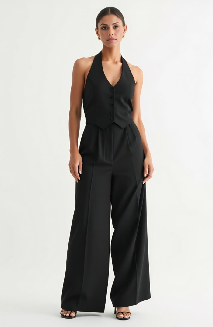 Button-Detail Halter Vest and Wide-Leg Pocket Pants Set | Nordstrom