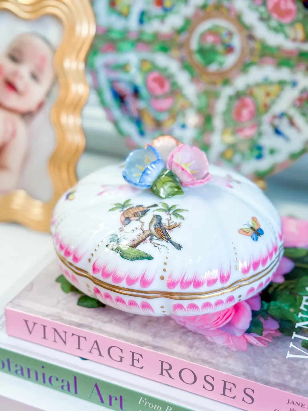 Herend Rothschild Bird Hand Painted Lidded Bonbonniere Box With 3D Floral Knob and Pink Ribbon Ac... | Etsy (Global)