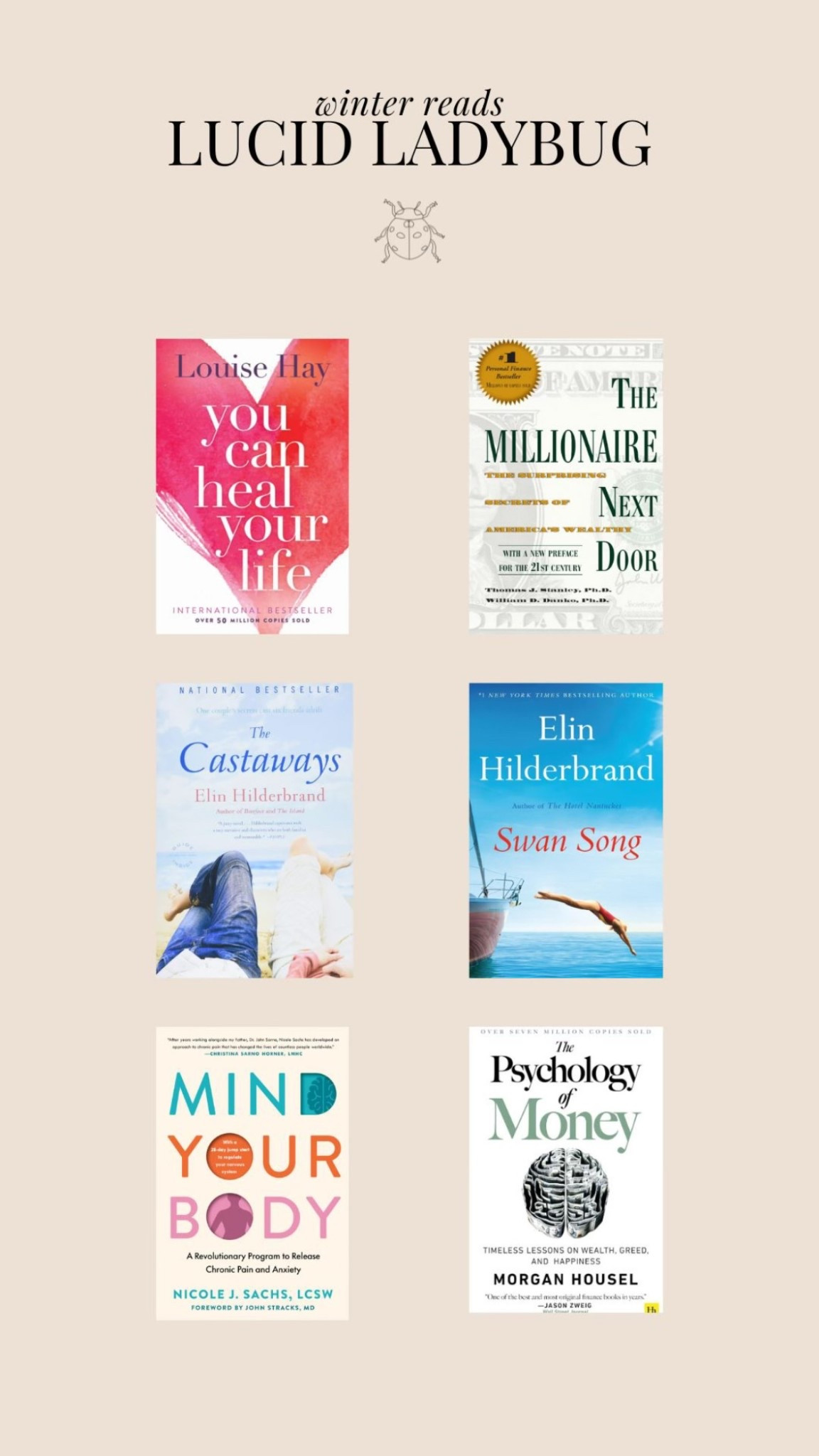 @louise_hay_affirmations 
@elinhilderbrand 
@nicolesachslcsw 
@morganhousel #bookworm #nowreading #booklist

#LTKHome #LTKTravel