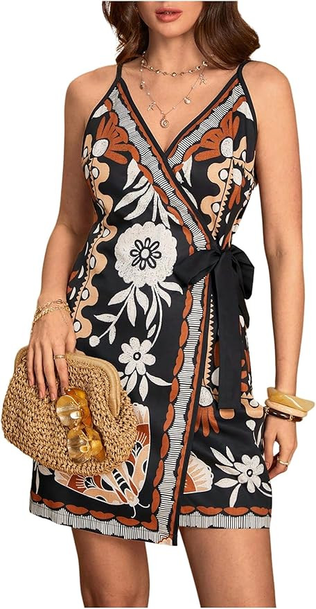 SweatyRocks Women's Boho Floral Beach Vacation Mini Dress Wrap Tie Knot Summer Spaghetti Strap Dr... | Amazon (US)