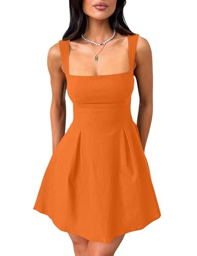 YMDUCH Women's Sexy Sleeveless Square Neck Adjustable Straps Bow Tie A-line Mini Party Club Dress Orange Small | Amazon (US)