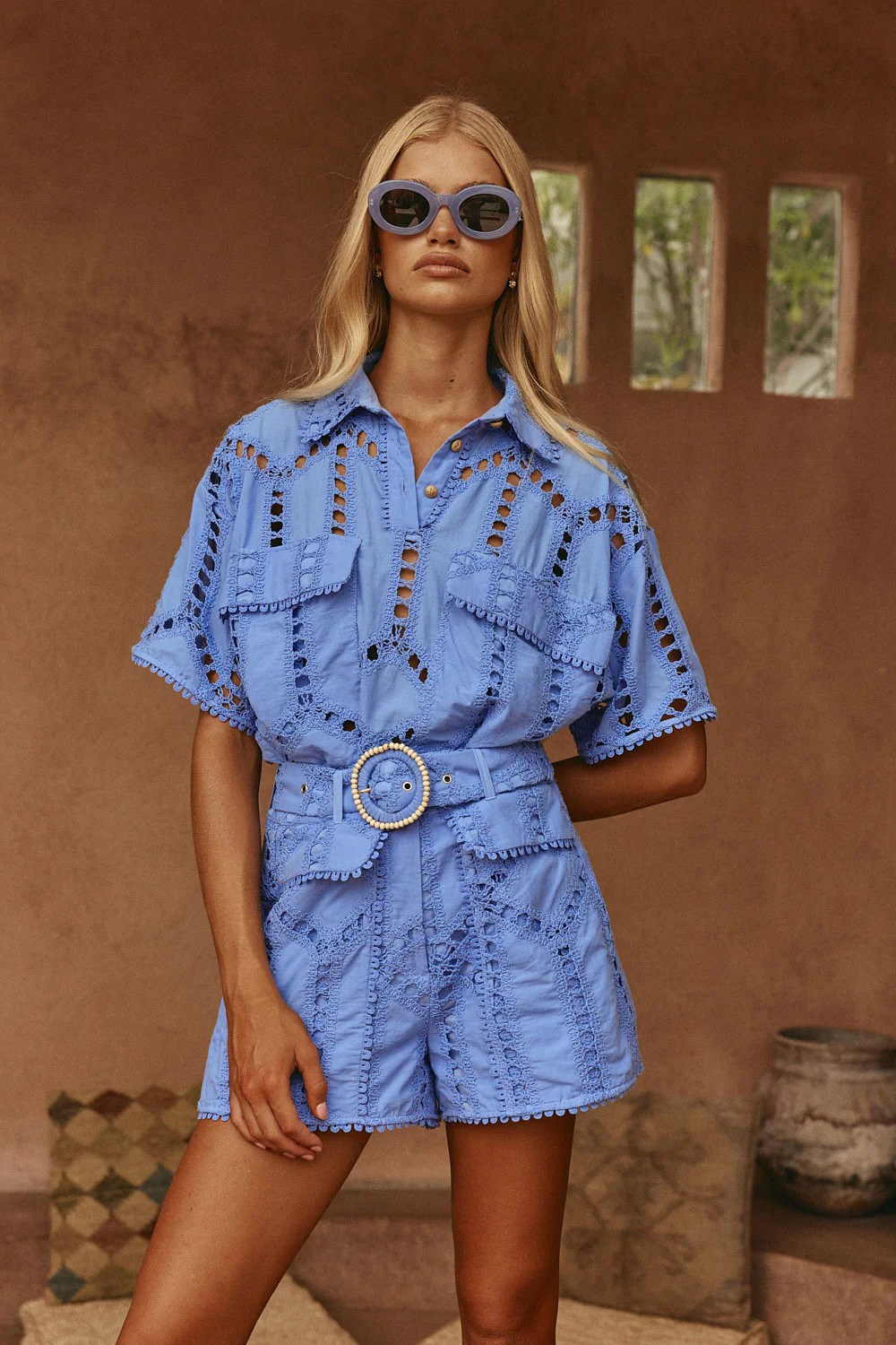 Blue Cotton Cutwork Belt Alyce Shorts | Sabo Skirt US