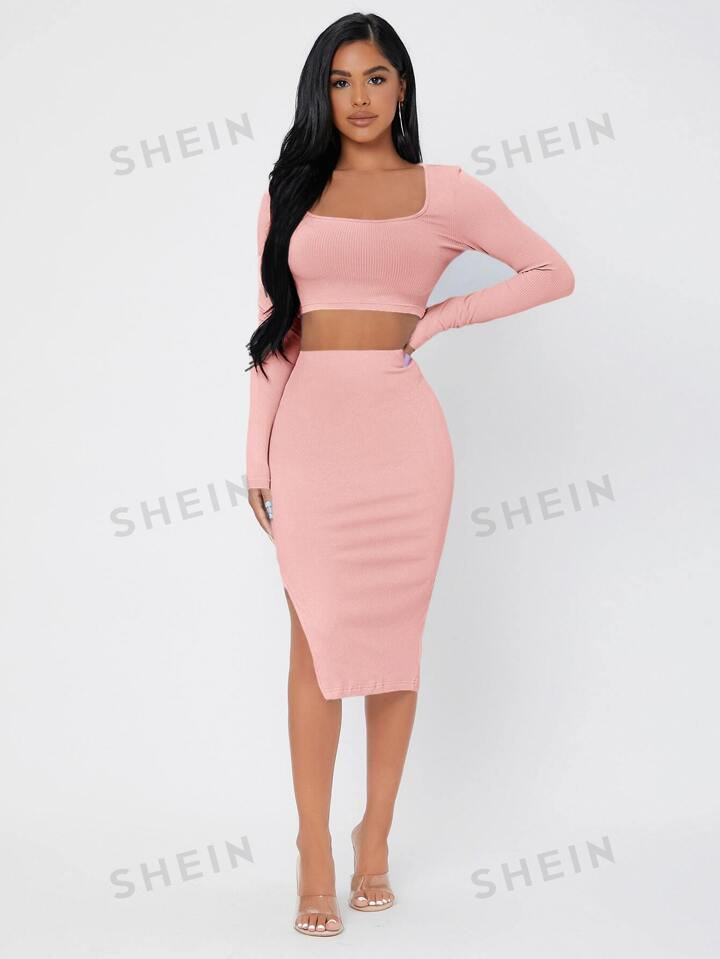 SHEIN PETITE Ribbed Knit Crop Top & High Waist Split Thigh Skirt | SHEIN