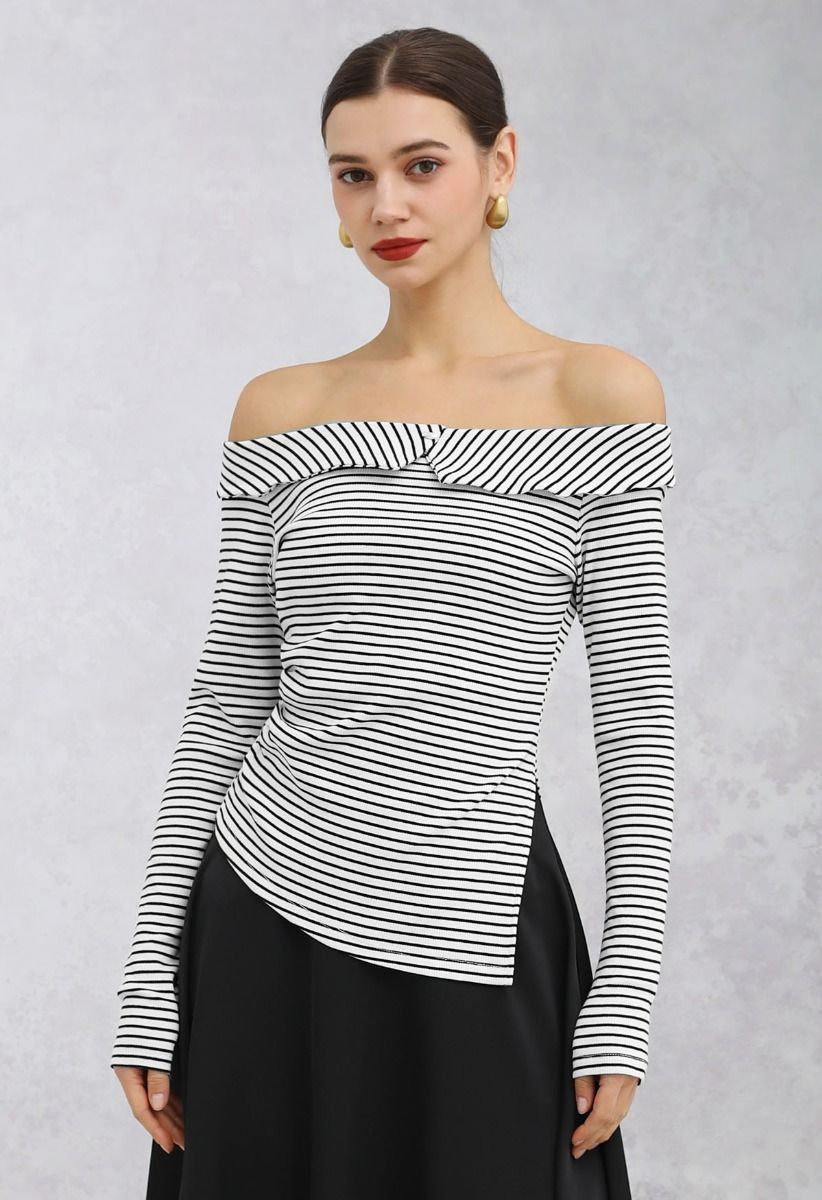 Flap Off-Shoulder Asymmetric Ruched Top in Stripe | Chicwish
