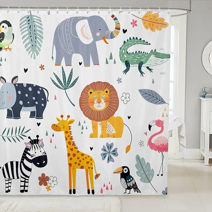 Kids Zoo Animal Bath Curtain Cute Wild Animals Shower Curtain Cartoon Safari Wild Bathroom Shower... | Amazon (US)