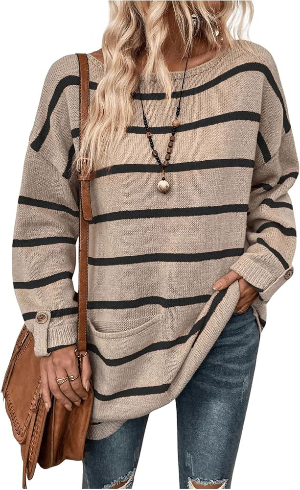 SweatyRocks Women's Striped Crewneck Sweater Long Sleeve Vintage Pullover Tops with Pocket | Amazon (US)