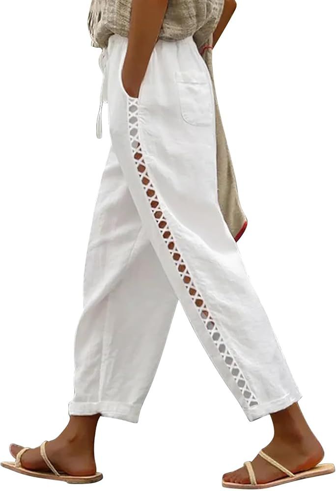 Puimentiua Women's Linen Capri Pants with Drawstring Petite Summer Beachwear Lightweight Elastic ... | Amazon (US)