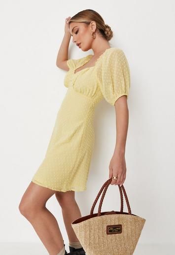 Missguided - Lemon Dobby Milkmaid Skater Dress | Missguided (US & CA)