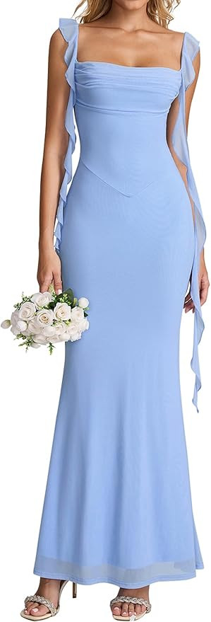 KUTUMAI Elegant Long Formal Wedding Guest Dresses for Women Ruffle Bodycon Cocktail Party Maxi Dr... | Amazon (US)
