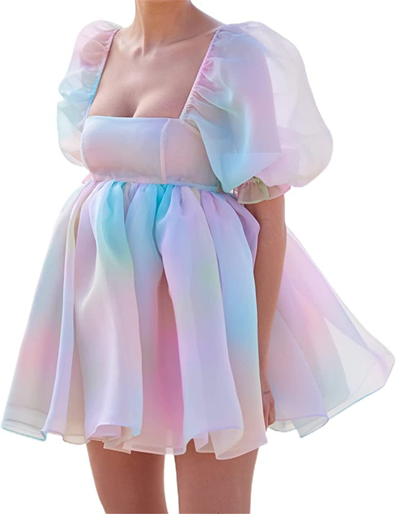 Women Puff Sleeve Ruffle Dress Flowy Princess Summer Fairy Bubble Tulle Poofy Selkie Dress Party ... | Amazon (US)