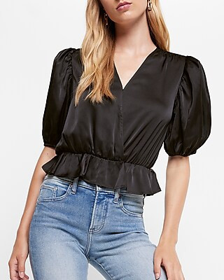 Satin Faux Wrap Peplum Thong Bodysuit | Express