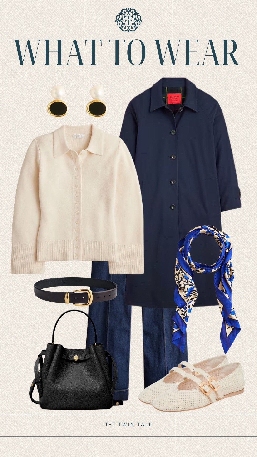 What to wear! We are loving this navy trench coat from J.Crew! We paired it with dark wash denim and a button up collared sweater. To accessorize the outfit we added a patterned silk scarf, J.Crew earrings, and a leather belt. 

#LTKStyleTip #LTKItBag #LTKOver40