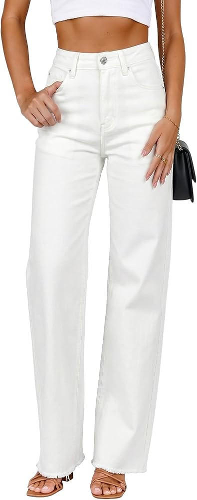 GRAPENT Straight Leg Jeans for Women High Waisted Stretchy Frayed Raw Hem Loose Denim Pants Casua... | Amazon (US)