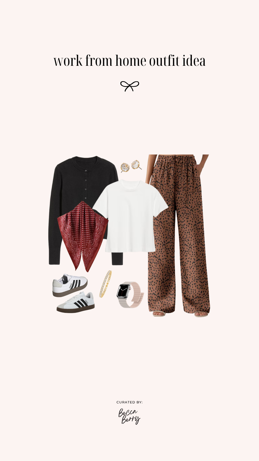 Midweek calls for a little print. 🤎

This midsize WFH outfit starts with my Amazon flowy wide-leg trousers in Leopard Coffee, paired with an Old Navy Vintage Crew-Neck T-Shirt in White Lies and the Nine West Button Front Crewneck Sweater in Mineral Black from Kohl's.

Then I'm adding a burgundy bandana for a little extra color and personality. It's such an easy way to make a tee + cardigan combination feel more intentional without making the outfit less comfortable.

Finishing everything with my usual simple jewelry, Apple Watch, and adidas sneakers.

Comfortable enough for WFH, but definitely not an outfit I'd mind being seen in outside the house. 

Save this for a comfortable work outfit with a little more personality.

#LTKootd #LTKMidsize #LTKWorkwear