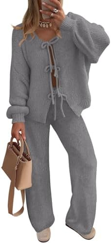 ZESICA Women's 2 Piece Outfits Lounge Pajama Sets 2025 Fall Long Sleeve Cardigans Wide Leg Pants ... | Amazon (US)