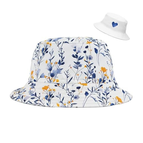 Floral Bucket Hat for Women Men Cute Vintage Summer Flowers Print Reversible Fishing Sun Hat White Outdoor Hiking Hat | Amazon (US)