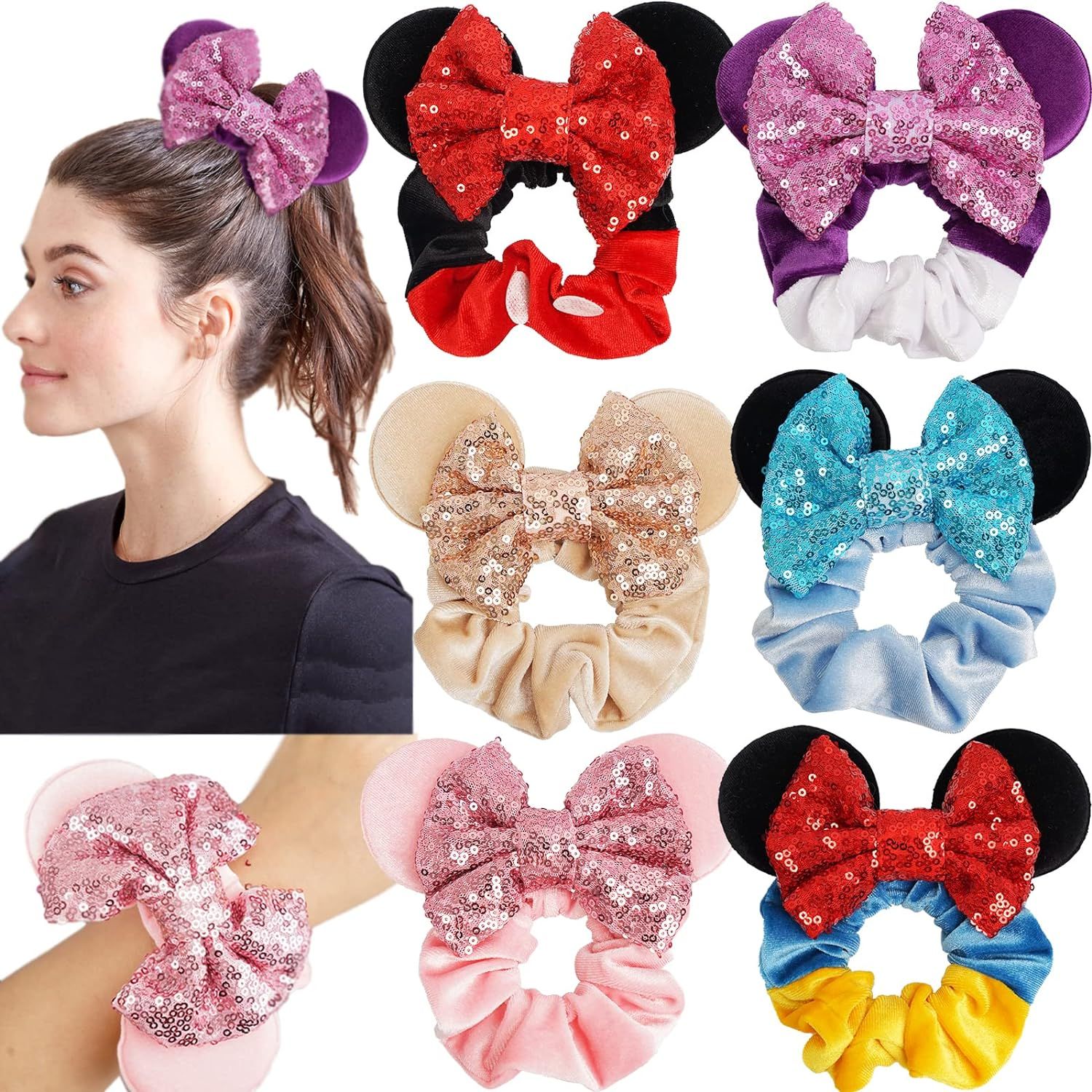 6 Pack Mouse Mickey Ears Scrunchies Velvet Sparkle Sequin Minnie Bows Hair Scrunchies Hair Ties E... | Amazon (US)